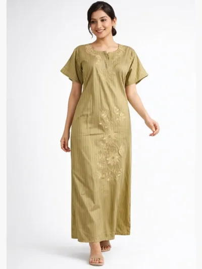 Women's Cotton Blend Embroidered Zipper Nighty – Cream